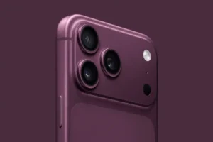 Dark cherry color iPhone 18 Pro Max camera module showing triple lens design on Orbit Core